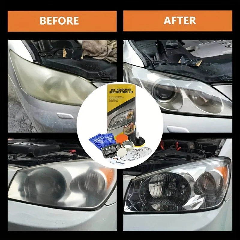 Before and after comparison of a headlight restoration kit applied to a car's headlight lens.