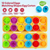 A yellow egg carton filled with 12 colored eggs in matching shapes for a sorting puzzle.