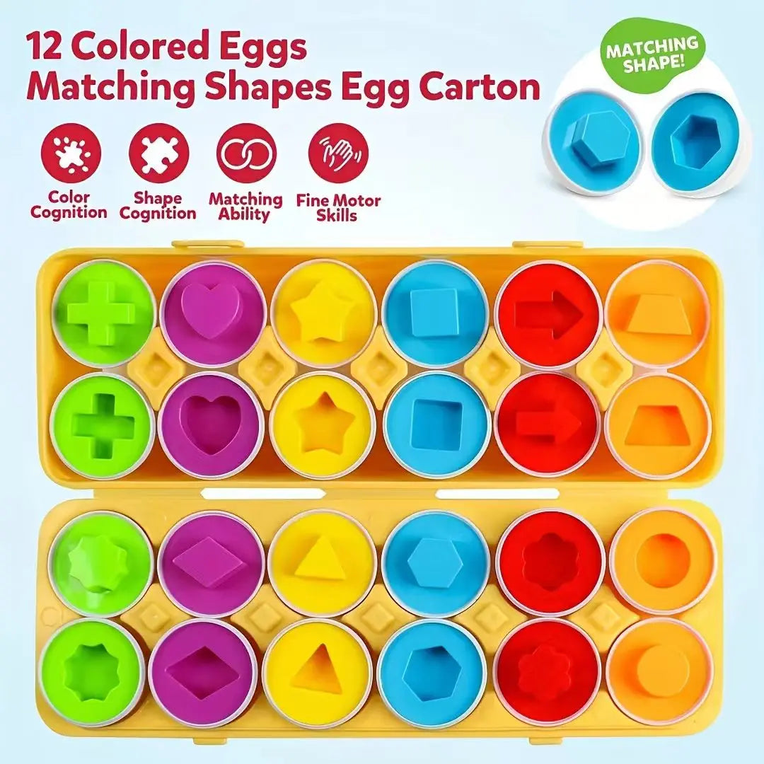 A yellow egg carton filled with 12 colored eggs in matching shapes for a sorting puzzle.