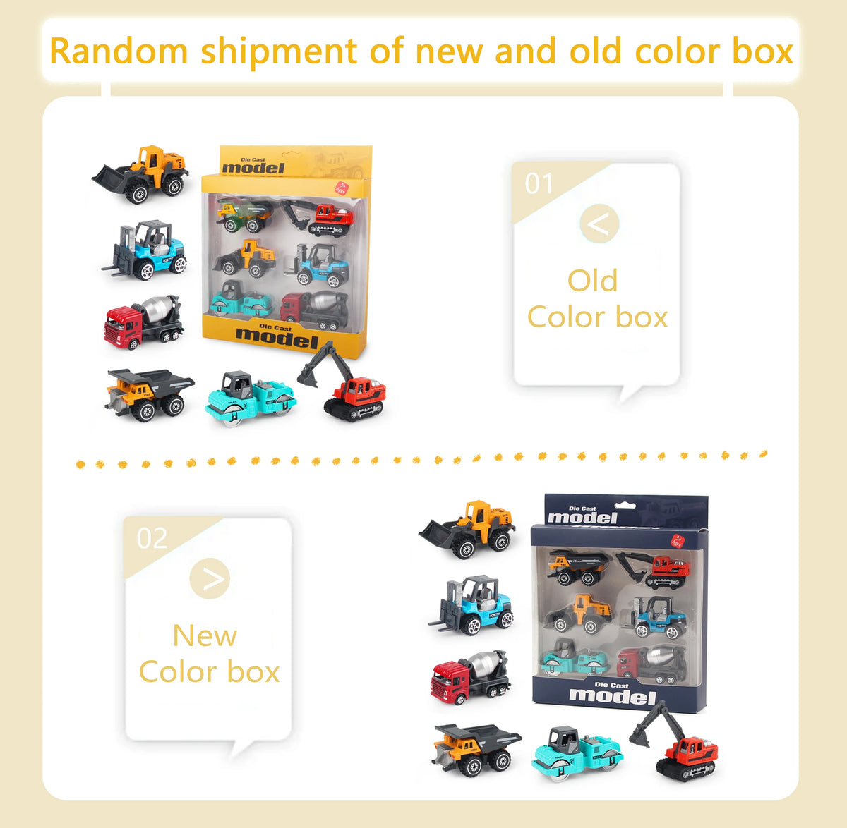 A random shipment of new and old color box die-cast construction truck toys, including excavators, loaders, and tractors.