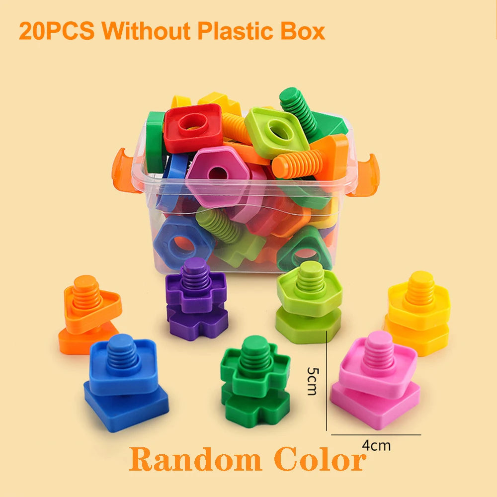 A collection of 20 colorful plastic screw and nut building blocks in various colors and shapes.