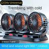 Black dual-head car cooling fans with orange blades and a light feature for airflow and sound.