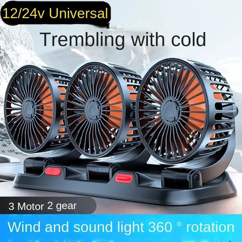 Black dual-head car cooling fans with orange blades and a light feature for airflow and sound.
