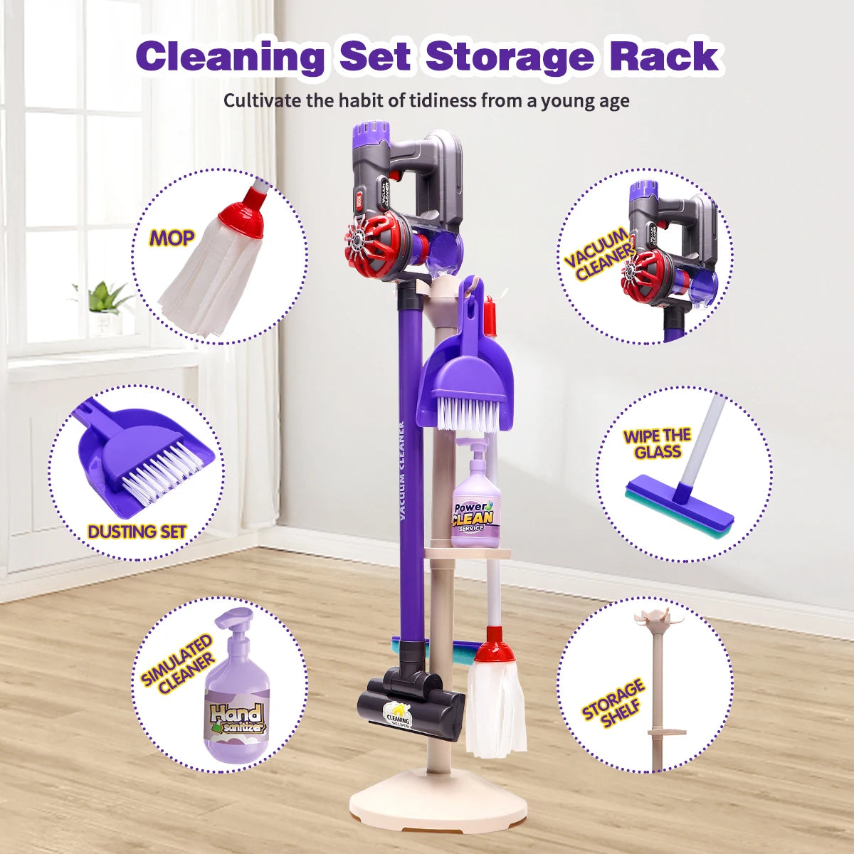 3-in-1 Electric Cleaning Playset for Kids with Storage Rack
