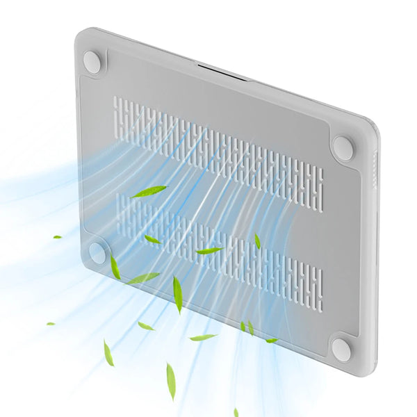 A silver slim snap-on hard shell case for a MacBook, showing cooling vents and green leaves floating around it.