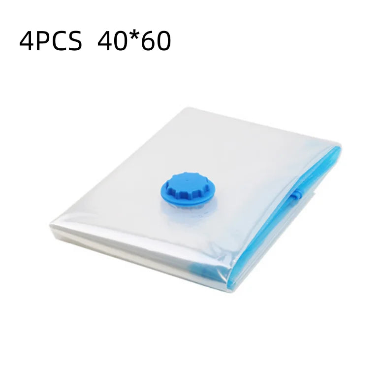 Cuatro piezas de una bolsa de plástico transparente con un disco de sellado azul.