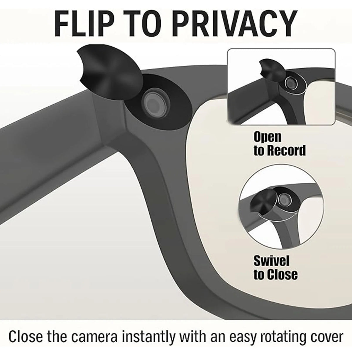 A close-up view of a camera lens cover mechanism designed to flip to privacy, with instructions for opening and closing.
