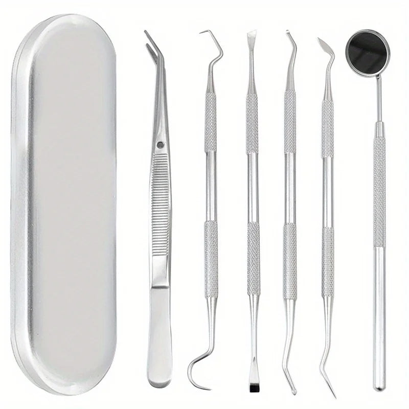 A set of premium stainless steel dental care tools for oral hygiene, including various instruments.