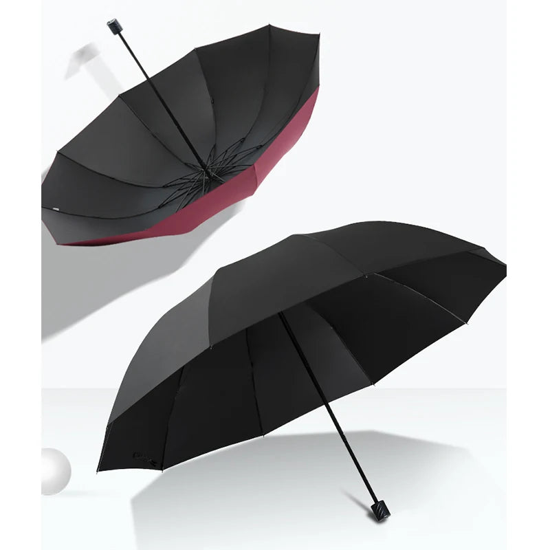 A black and red folding umbrella is shown open and closed, demonstrating its windproof features.