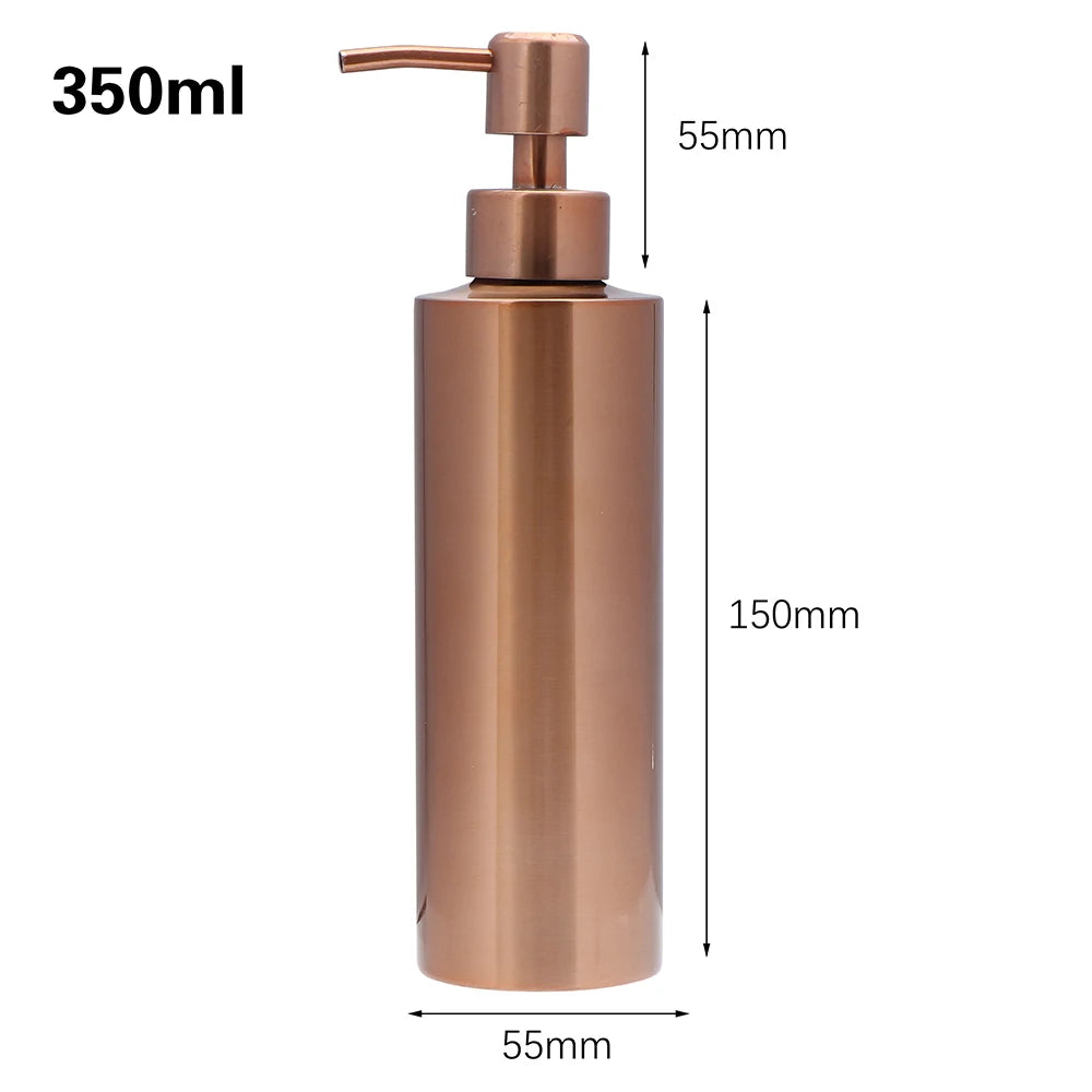 Rose gold stainless steel liquid soap dispenser bottle with a pump top and measurements.