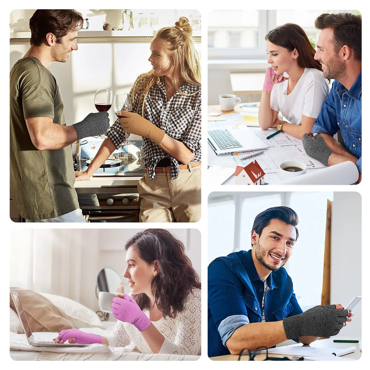 A diverse group of professionals working together, including a man and woman wearing fingerless compression gloves.