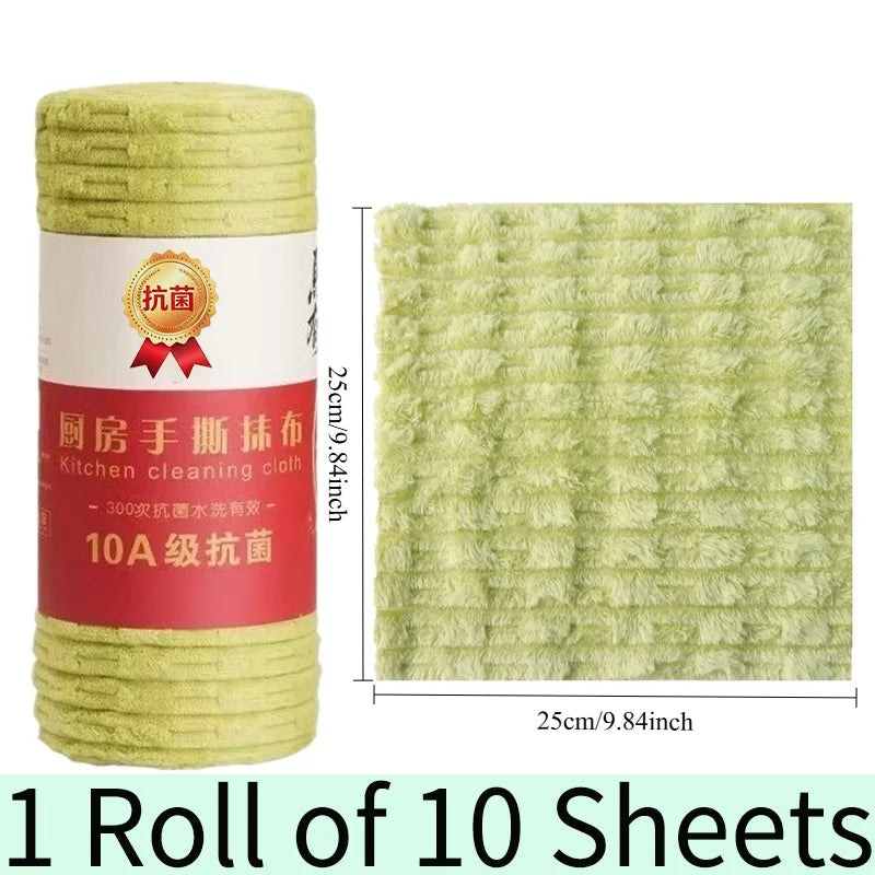 A roll of 10 reusable green kitchen cleaning cloths with a protective seal.