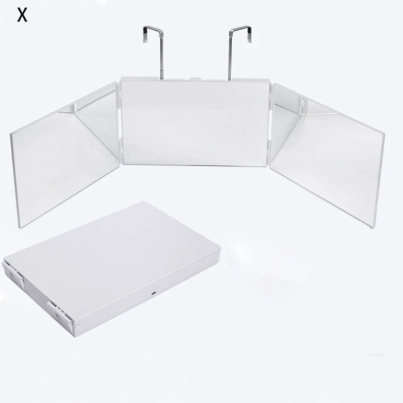 A trifold LED haircut mirror with a reflective surface and mounting hardware.
