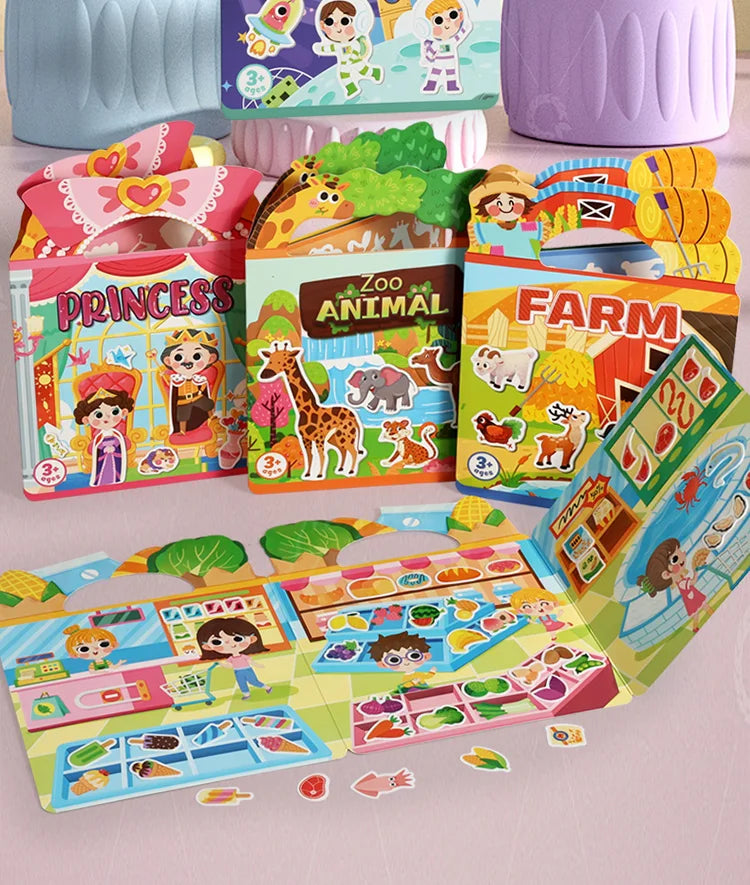 A colorful reusable sticker book for toddlers featuring zoo, farm, and princess themes.