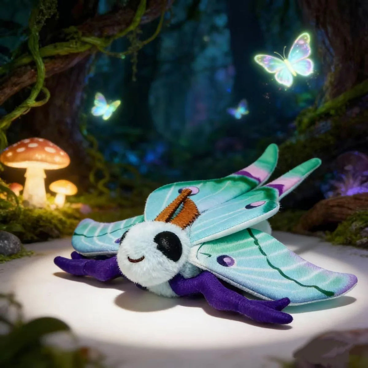 A plush toy of a Luna Moth with light blue and purple wings resting on a white surface in a forest setting.