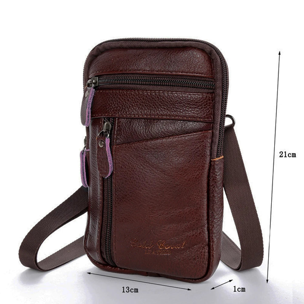 A dark brown vintage genuine cowhide leather crossbody sling bag with a zippered compartment and adjustable strap.