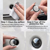 Instructions for using a lens protector for a car camera, showing steps to clean, tear off, align, and install the product.
