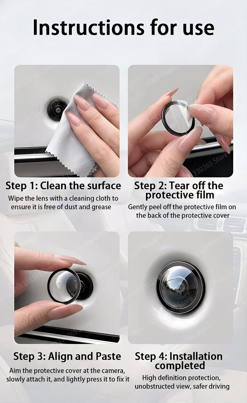 Instructions for using a lens protector for a car camera, showing steps to clean, tear off, align, and install the product.