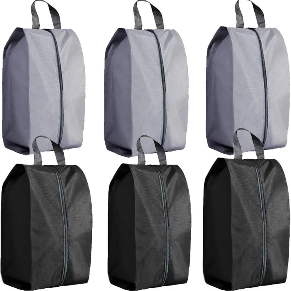 Three foldable nylon shoe storage bags in gray and black, shown from the front.