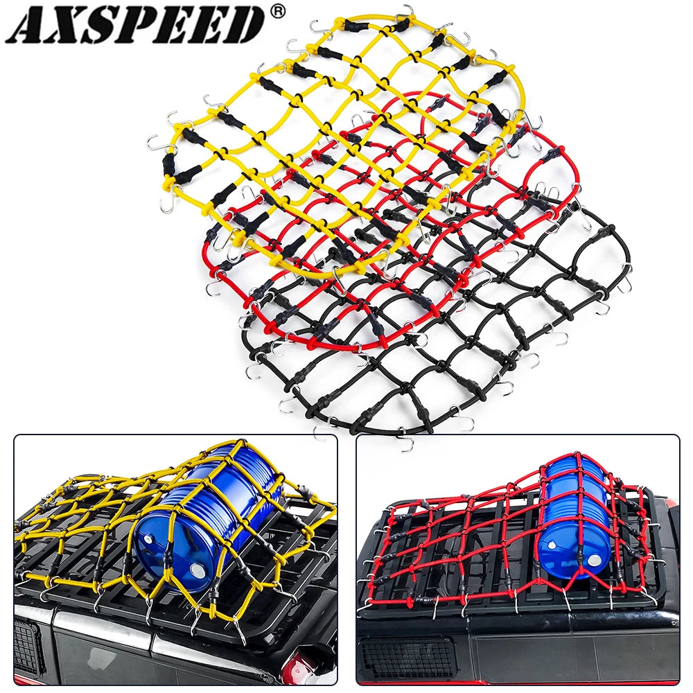 Elastic roof rack luggage net for RC crawlers showing various colored nets on a black surface