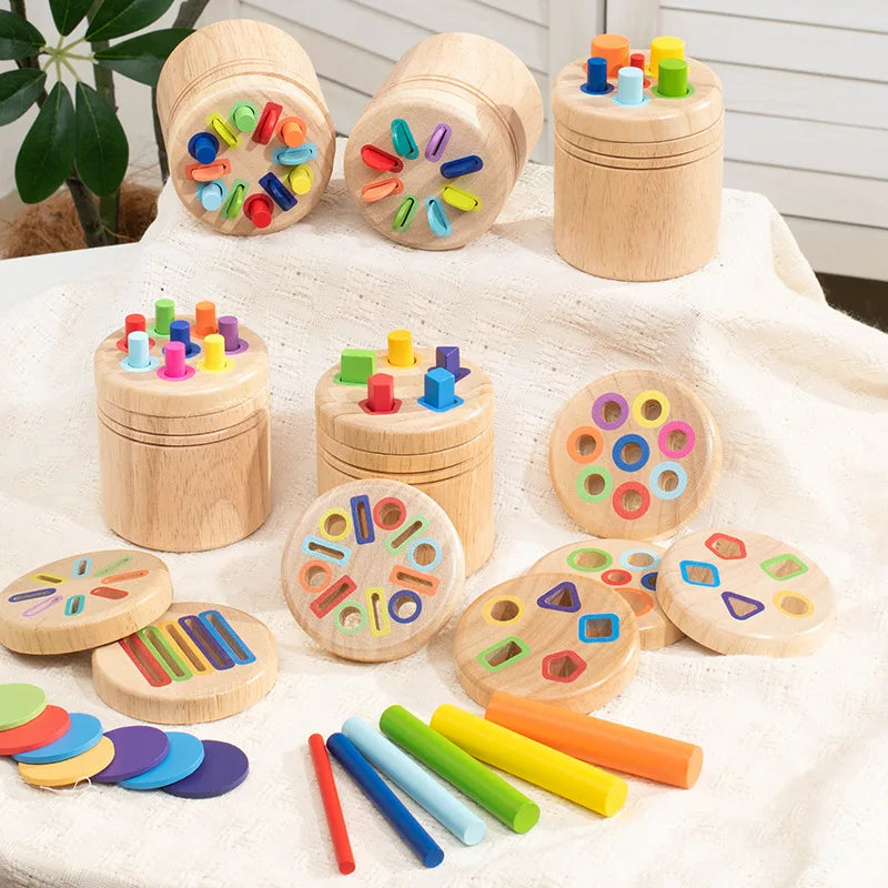A collection of wooden color sorting toys for toddlers, including stacking cylinders and circular discs.