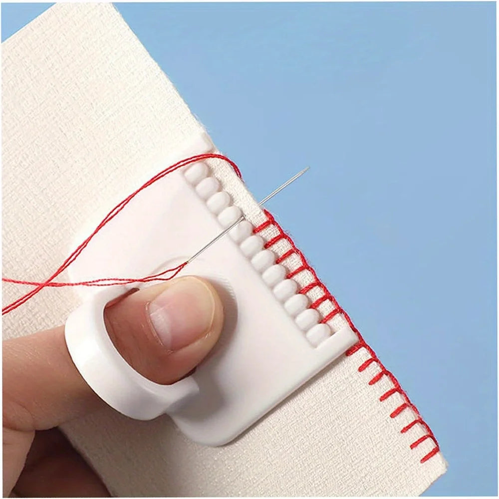 A hand holds a white sewing guide template with red stitching, demonstrating a precision stitch technique.