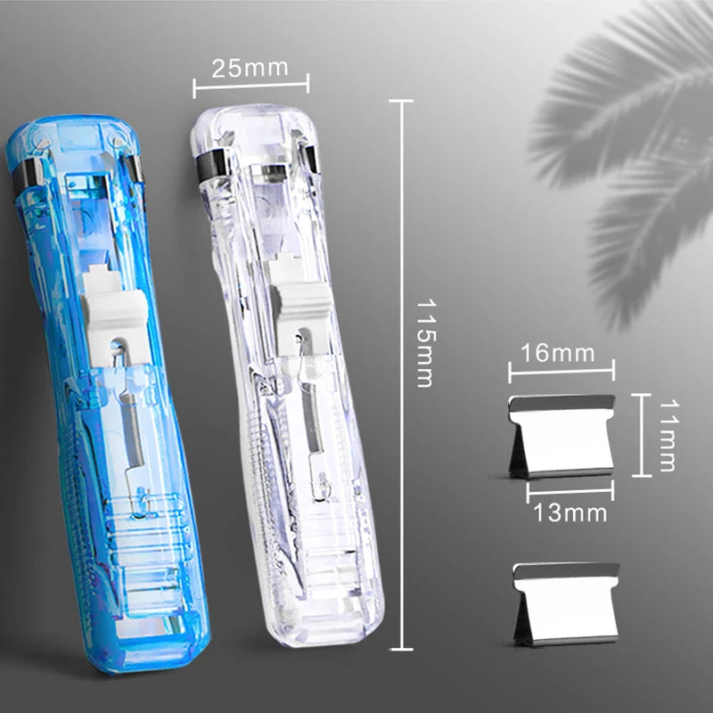 Two clear plastic reusable push clamp staplers shown with measurement guides and separate clamping components.