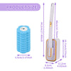 A blue disposable toilet brush kit showing the brush, wall-mounted holder, and refill heads with dimensions.