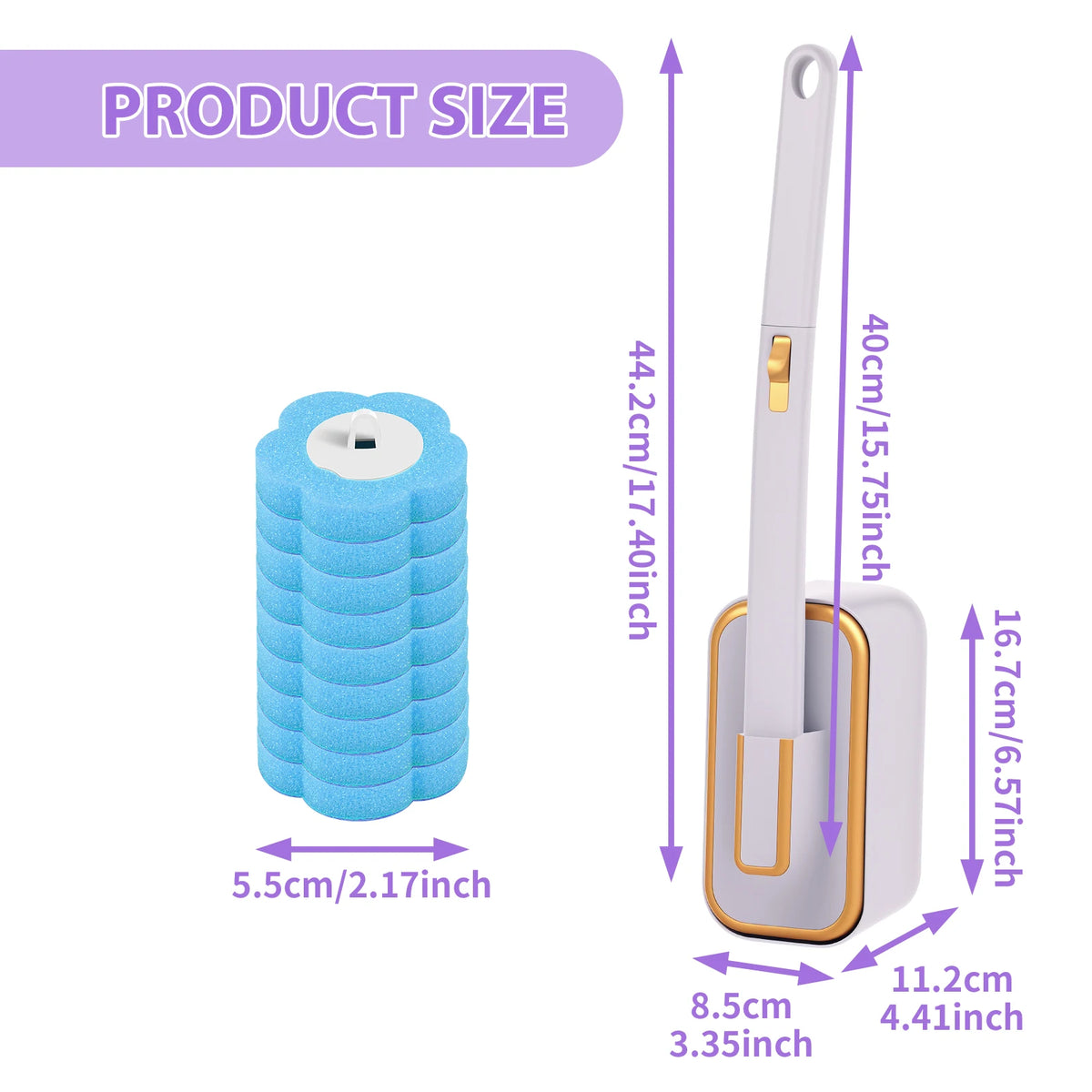 A blue disposable toilet brush kit showing the brush, wall-mounted holder, and refill heads with dimensions.