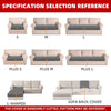 Reference guide showing sizes S, M, L and PLUS S, M, L for a sofa back cover, including an L-shaped option.