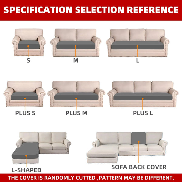 Reference guide showing sizes S, M, L and PLUS S, M, L for a sofa back cover, including an L-shaped option.