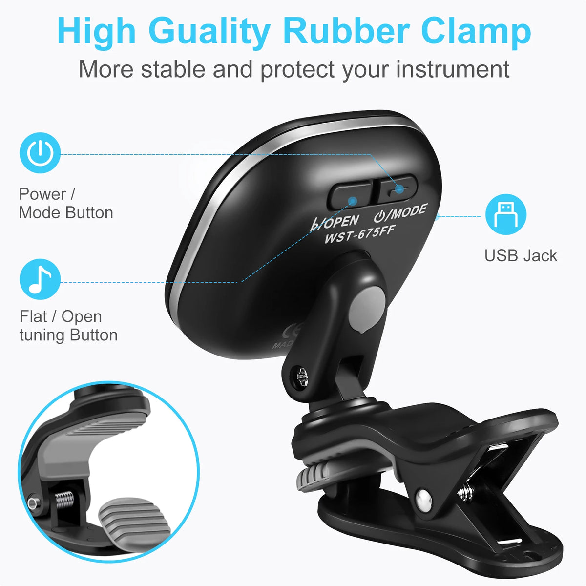 Rechargeable Clip-On Tuner for Guitar, Bass, Ukulele & Violin