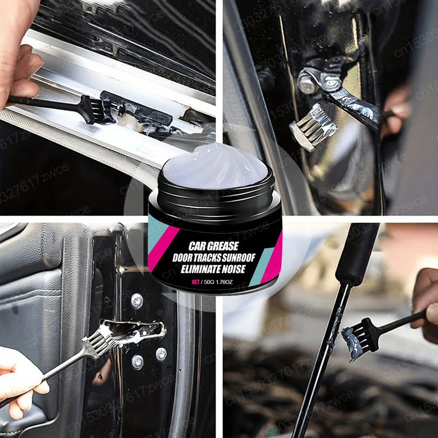 A close-up of a multi-purpose lubricant grease product being applied to car door tracks and hinges.