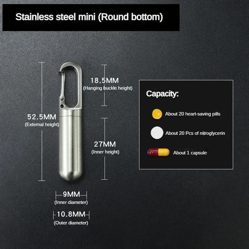 Stainless steel mini pill capsule with a hanging buckle and keychain attachment