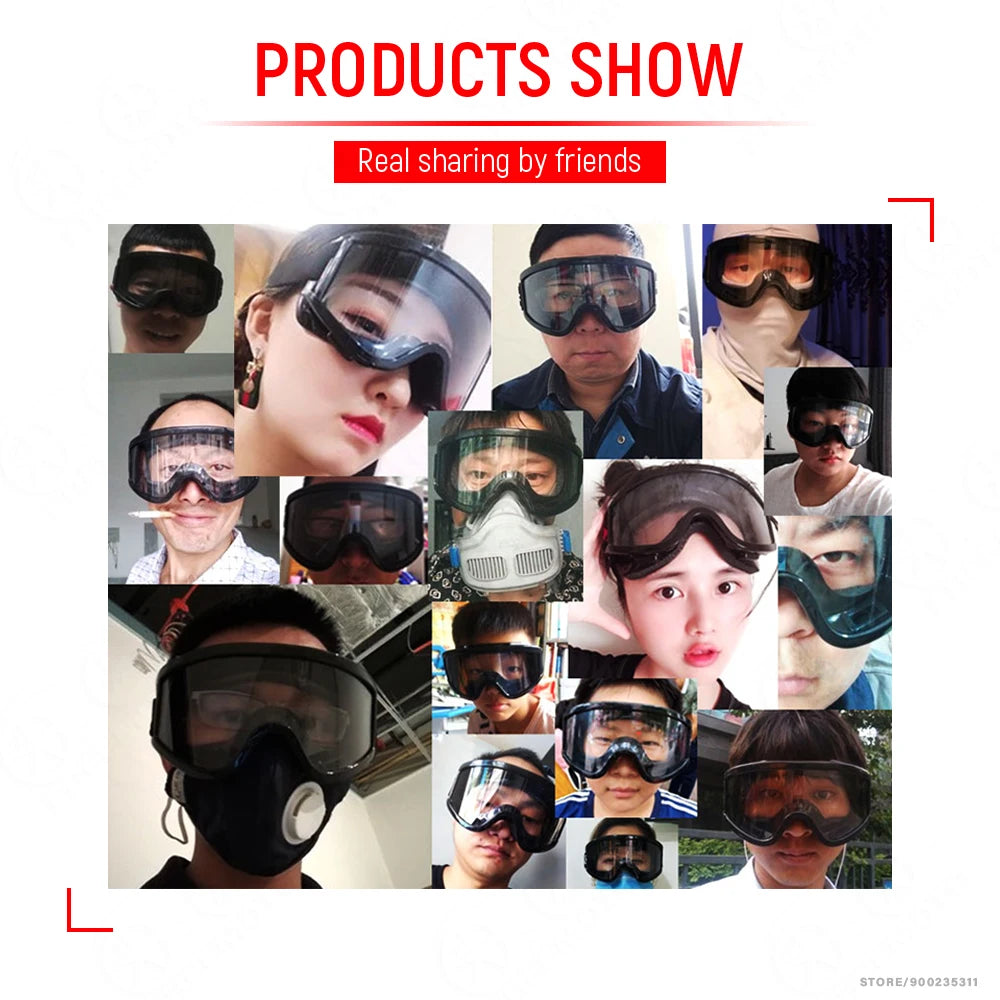 A collage of people wearing various adjustable off-road motorcycle goggles and protective eyewear.