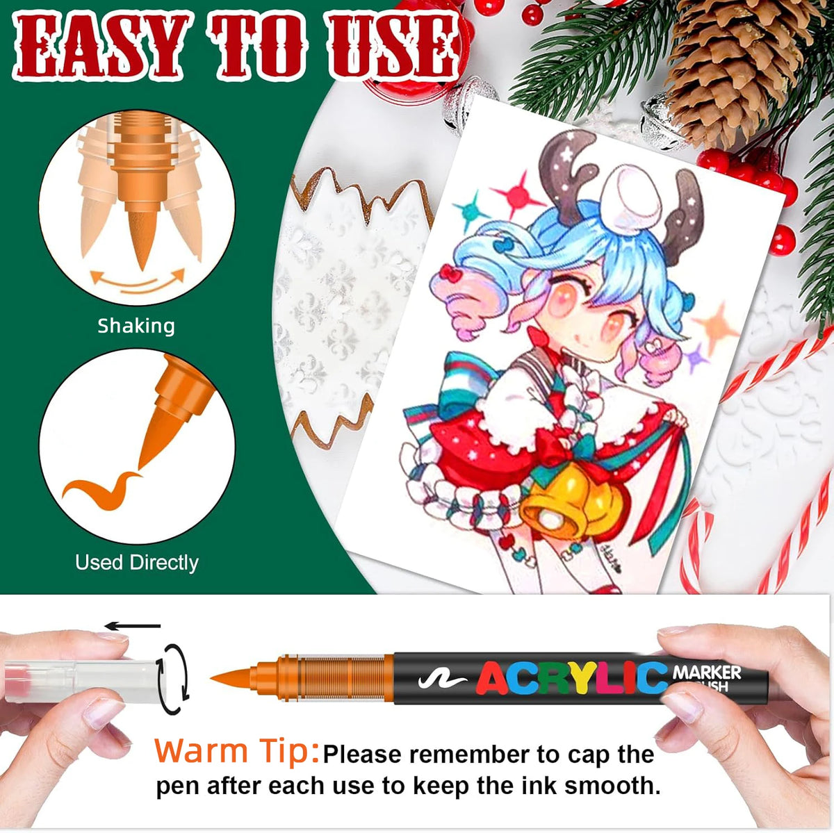 A professional acrylic marker set featuring a colorful illustration of a character, with instructions for shaking and direct 