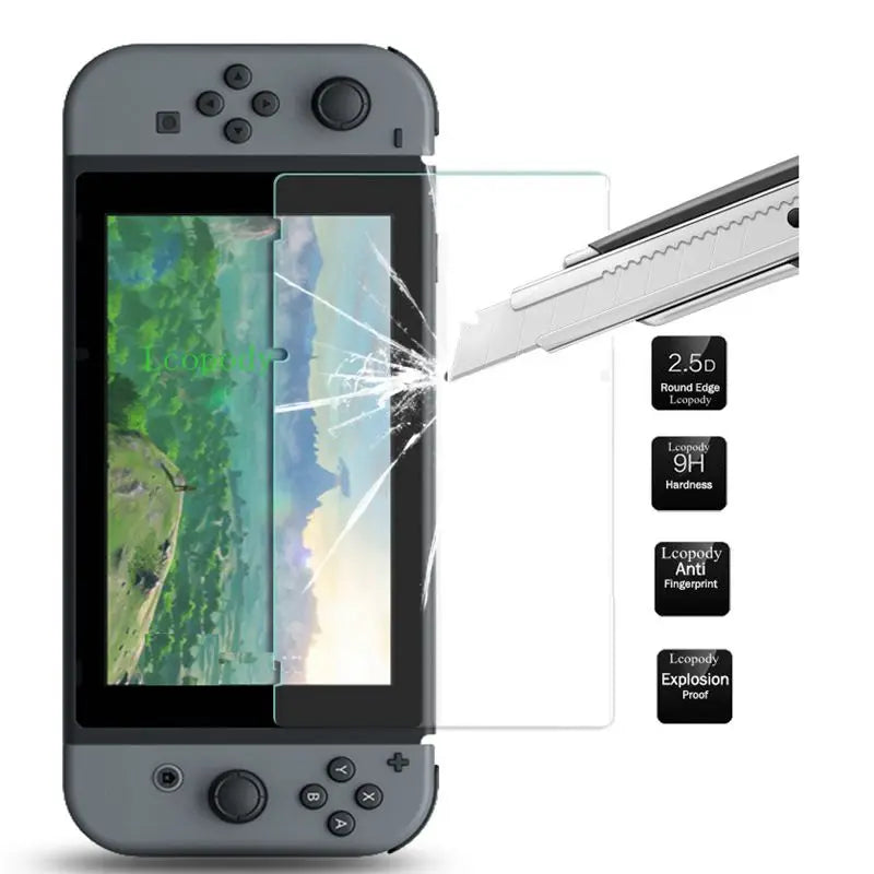A gray smartphone with a clear screen protector being applied, showing features like 2.5D round edge, 9H hardness, and explos