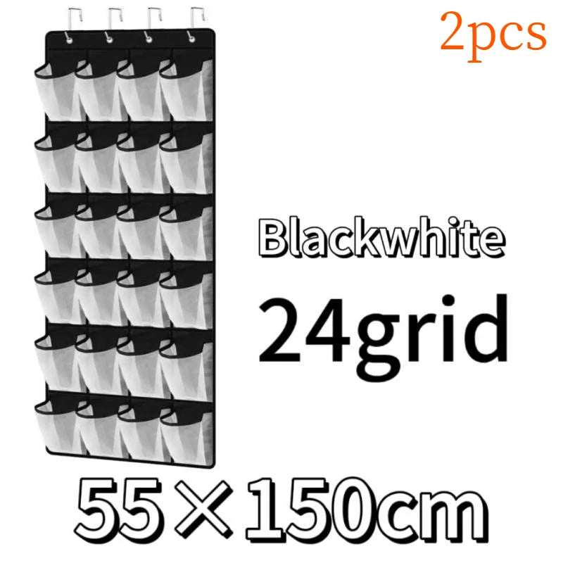 Black and white 24 grid over-the-door mesh shoe organizer with hanging pockets