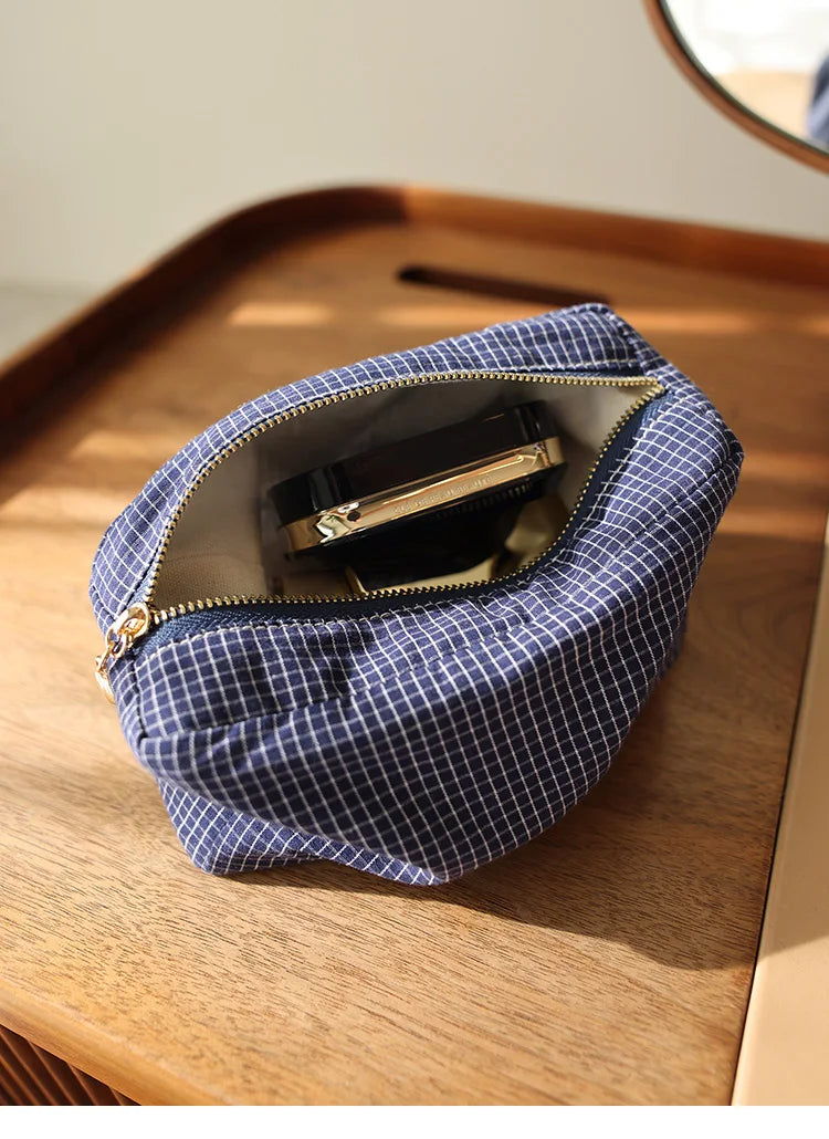 Checkered Striped Cosmetic Bag – Compact Travel Organizer