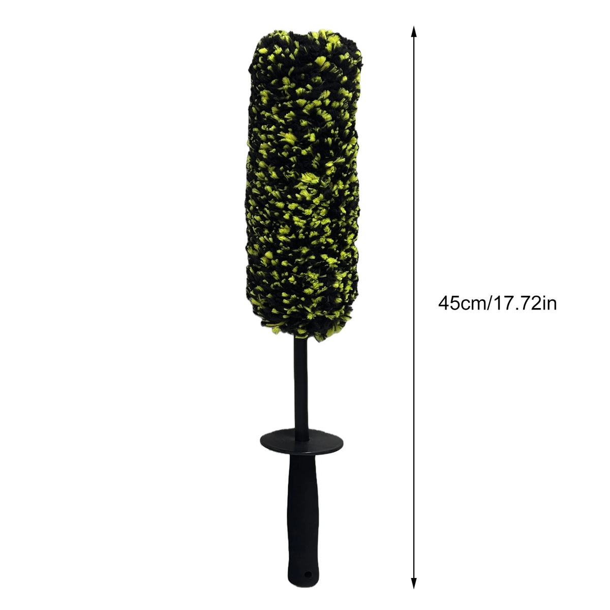 A black wheel barrel brush with a yellow and green bristled head and an ergonomic handle.