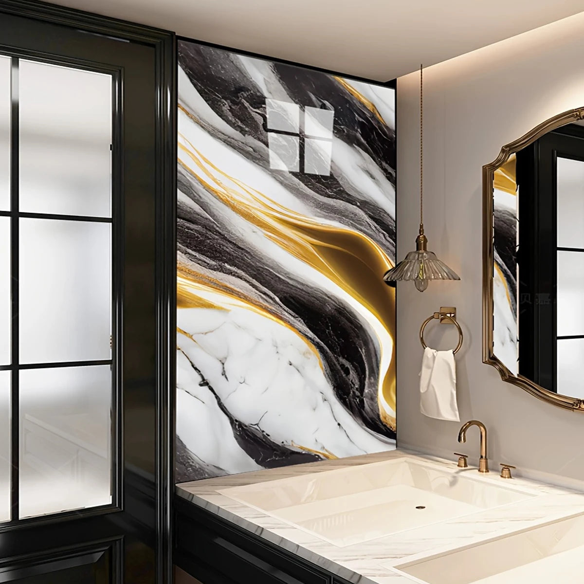 A modern kitchen featuring a marble countertop and a large abstract black and gold marble wall design.