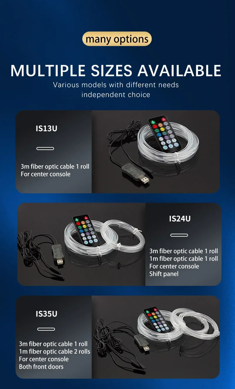 Multiple sizes of RGB Music-Sync Car Interior LED Light Strips with remote control cables shown for different consoles