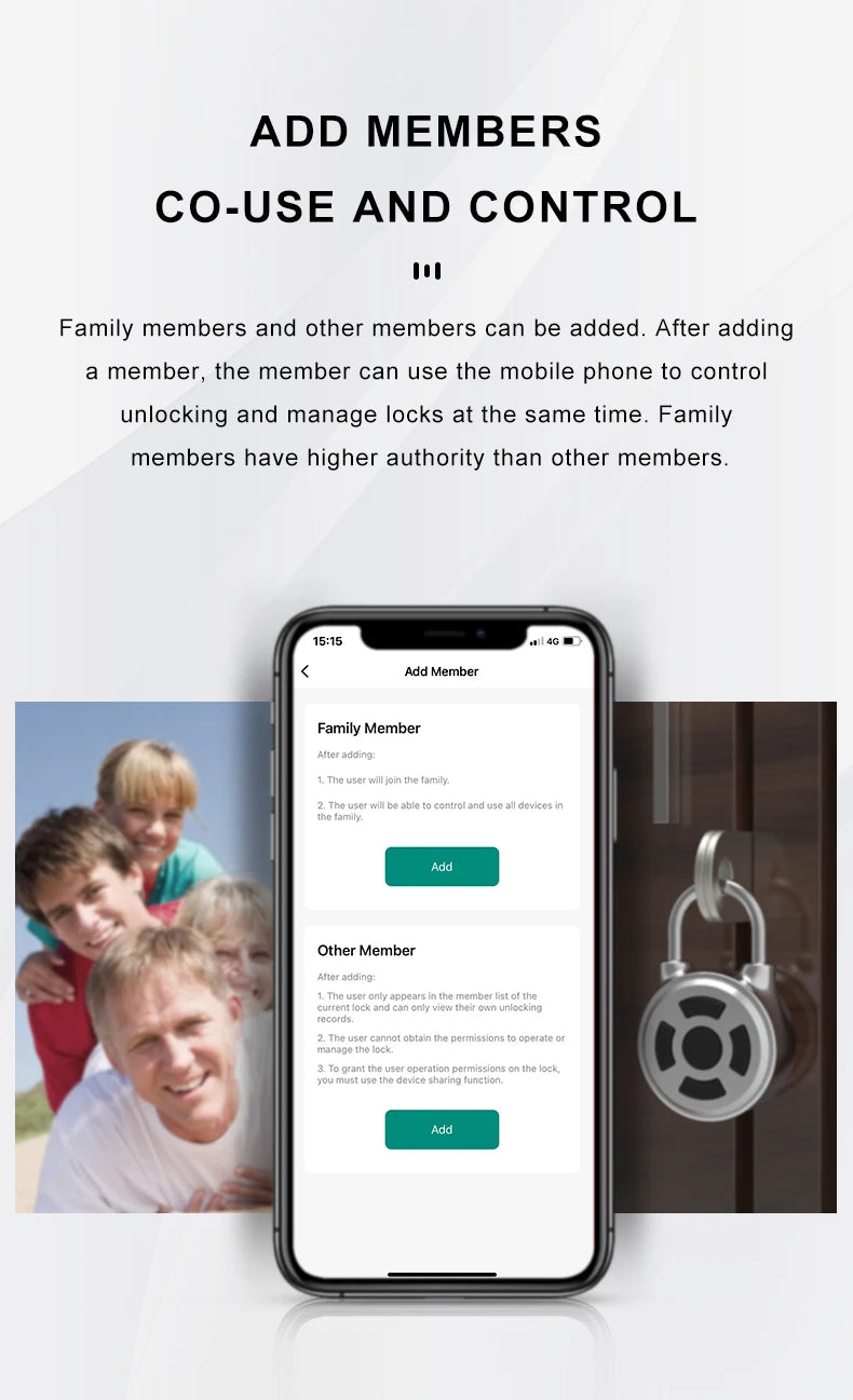A smartphone screen shows an interface for adding family or other members to a security system.