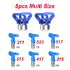 Eight pieces of multi-size blue paint spray nozzles and tips for various applications