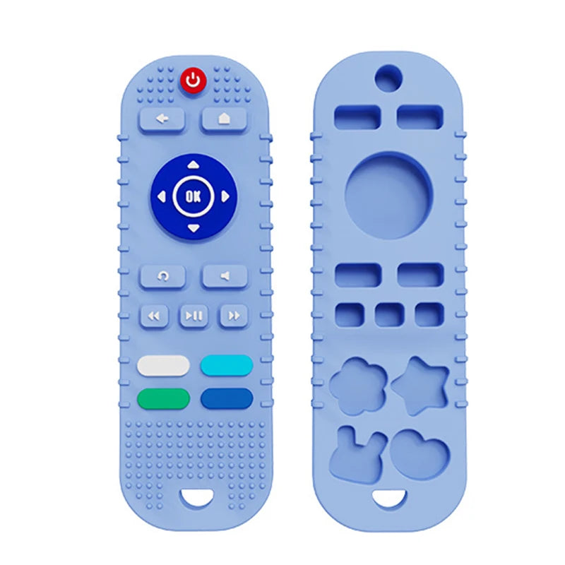 A pair of silicone baby teether remote control toys in light blue color.