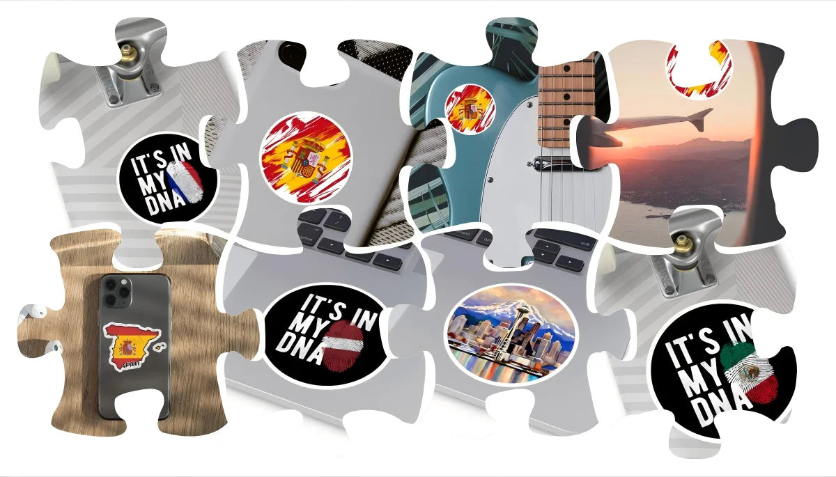 Puzzle pieces featuring various flags, including the Texas flag and Mexican flag, for decals.