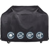 Black universal heavy-duty waterproof BBQ grill cover with icons indicating waterproof and heat resistance.