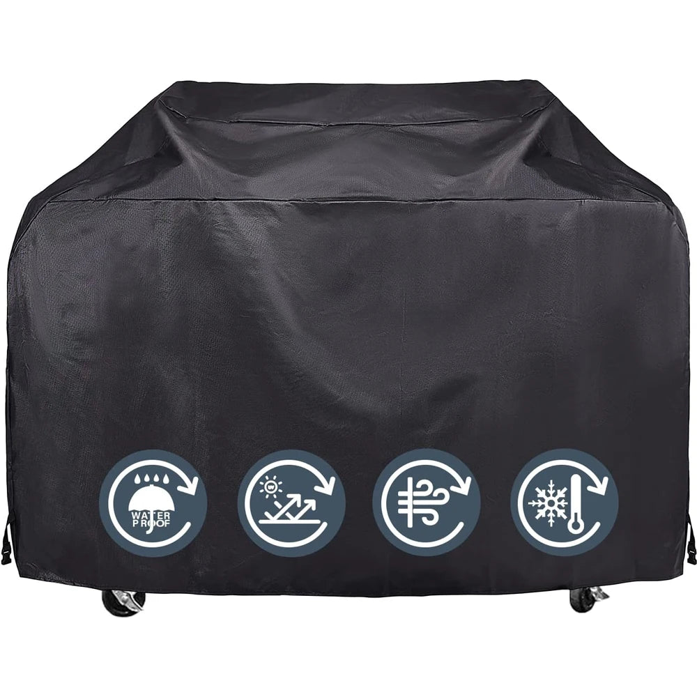 Black universal heavy-duty waterproof BBQ grill cover with icons indicating waterproof and heat resistance.