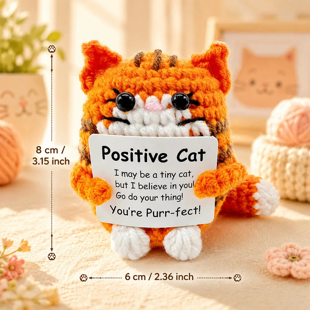 An orange and white crochet cat plush doll with a smiling face and a sign that reads Positive Cat