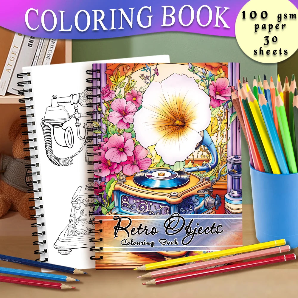 A coloring book titled Retro Objects with 30 sheets of 100 gsm paper, surrounded by colored pencils.